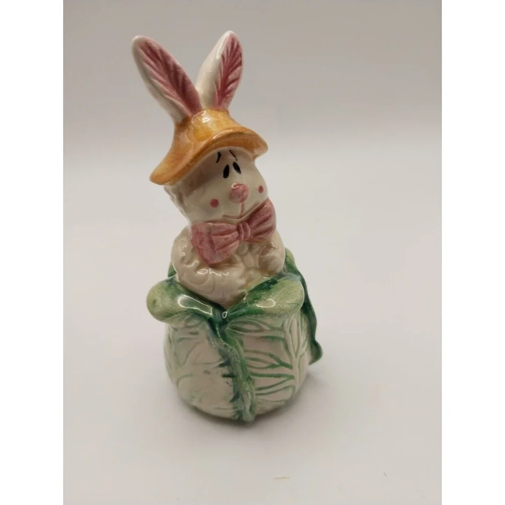 Vintage Ceramic Bunny in Cabbage Figurine - Easter Spring Cottagecore Decor Pink